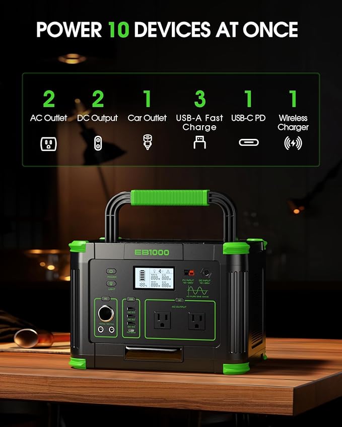 Portable Power Station 999Wh Solar Generator 1000W, 110V Pure Sine Wave AC Outlet, 60W USB-C PD Fast Charging, 10 Ports for Home Backup, Outdoor Camping, RV Travel, Emergency (2000W Surge)