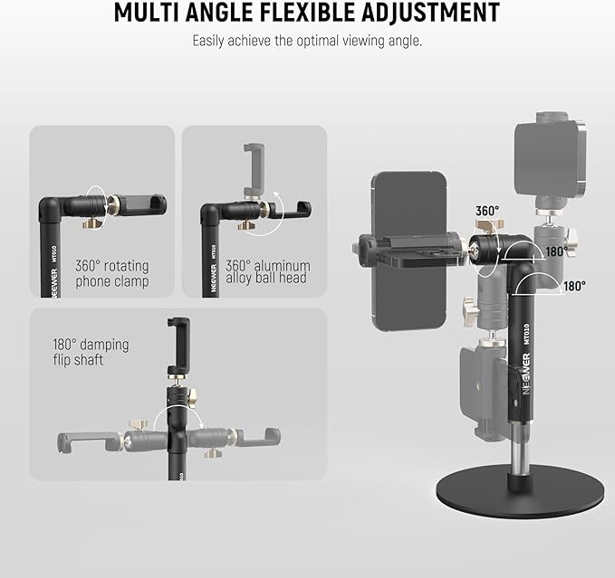 NEEWER Cell Phone Stand for Desk, Adjustable Office Table Phone Holder Mount Compatible with iPhone Samsung for Video Recording Filming, 360° Ball Head, Foldable Arm, Weighted Metal Base, MT010