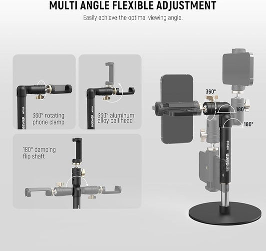 NEEWER Cell Phone Stand for Desk, Adjustable Office Table Phone Holder Mount Compatible with iPhone Samsung for Video Recording Filming, 360° Ball Head, Foldable Arm, Weighted Metal Base, MT010