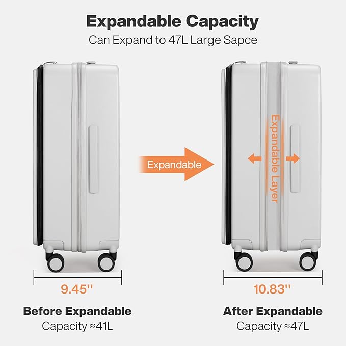 mixi 20 Inch Expandable Carry On Luggage PC Hard Shell Suitcase Top Opening Rolling Travel Suitcases with Spinner Wheels & TSA Lock, Smoke White