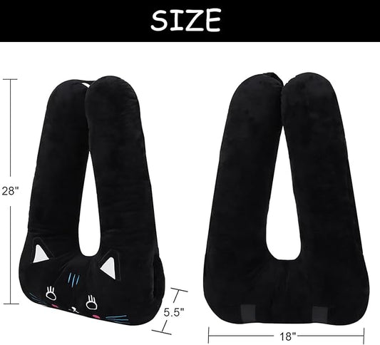 Kids Travel Pillow for Car Seat with Hand Muff, Cartoon Neck & Headrest Seat Belt Pillow for Car Road Trips Long-Distance Travel Sleeping Pillow for Adults and Children, Black Cat