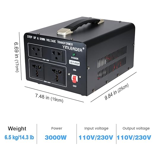 Yinleader 3000 Watt Voltage Converter Transformer Step Up 110V to 220V or Step Down 220V to 110V Power Converter Adapter for use in The United States for European and Asian Household appliances