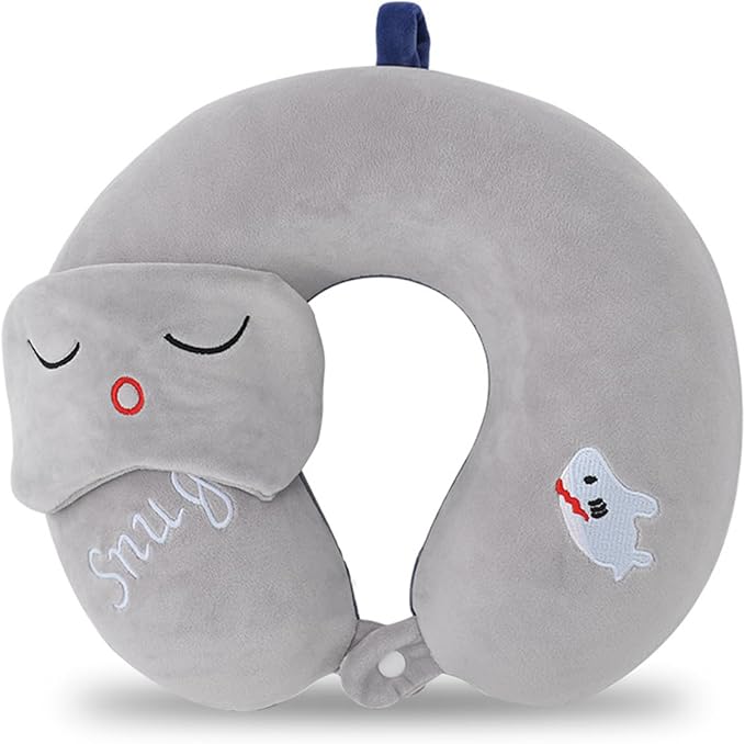 Kids Neck Pillow for Travel with Sleep Eye Mask, Cute Travel Neck Pillow, Memory Foam Flight Sleeping Headrest Pillow for Boys & Girls, Airplane, Train, Car, Home Use - Little Shark