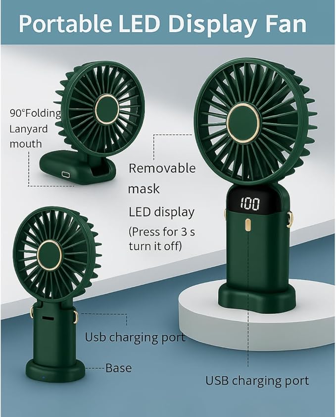 AMPMG LED Digital Display Rechargeable Fan – Portable Handheld & Desk Fan with Adjustable Speeds, USB Charging, Quiet Operation, and Base Stand for Home, Office, Travel and Outdoor Use (Green)