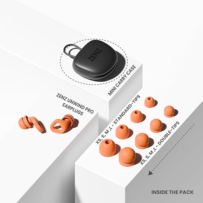 Zenz Unwind Pro Ear Plugs for Sleeping Noise Reduction – Soft Silicone Reusable Earplugs for Sleep, Focus & Work – 35dB Noise Reduction with Storage Case – XS/S/M/L Eartips (Blaze Orange, One Size)