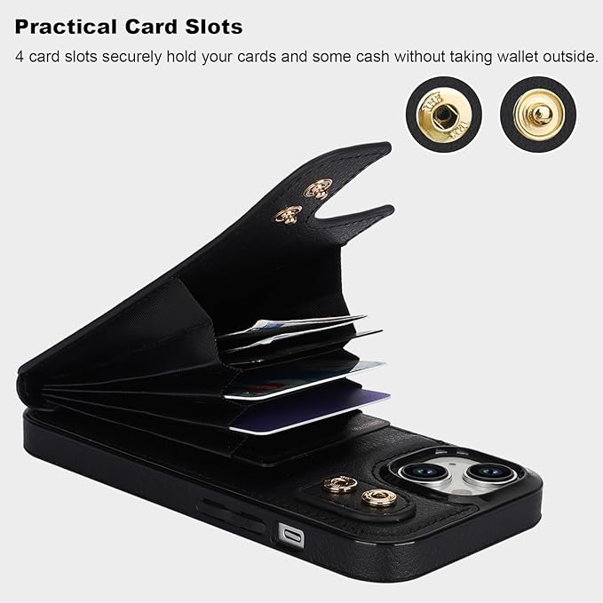 Folosu Compatible with iPhone 15 Case Wallet with Card Holder, 360°Rotation Finger Ring Holder Kickstand, RFID Blocking Leather Protective Double Buttons Shockproof Cover 6.1 Inch (Black)