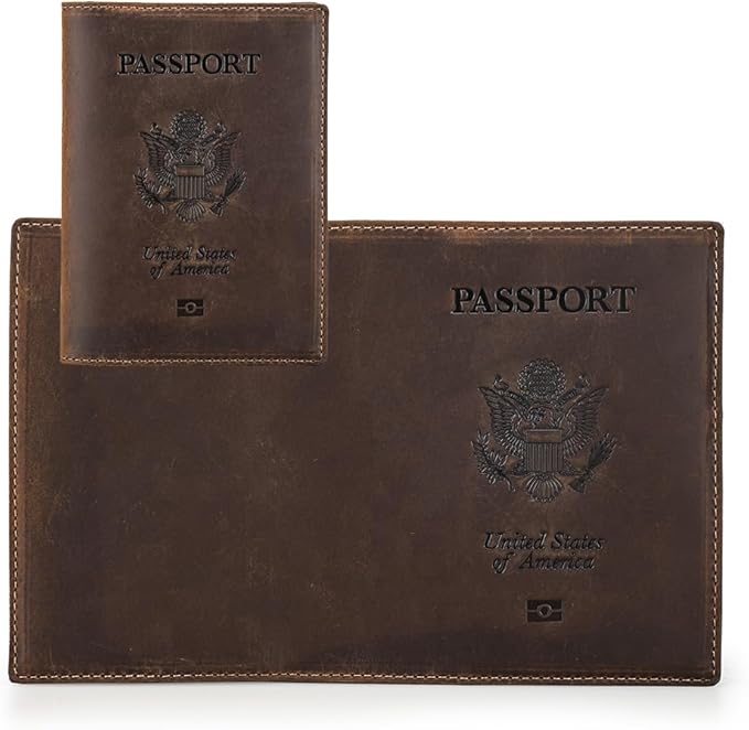 CONTACTS Full Grain Leather Airtag Passport Holder RFID Blocking Travel Passport Wallet Slim Passport Cover Case with 4 Card Slots, Coin Pocket with Badge