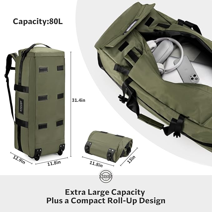 STOVER 80L Rolling Duffel Bag with Wheels, Large Durable Travel Duffle + Toiletry Bag, Heavy Duty, Packable, Foldable with Shoulder Straps- Use as Luggage or Backpack, Men/Women (Green)