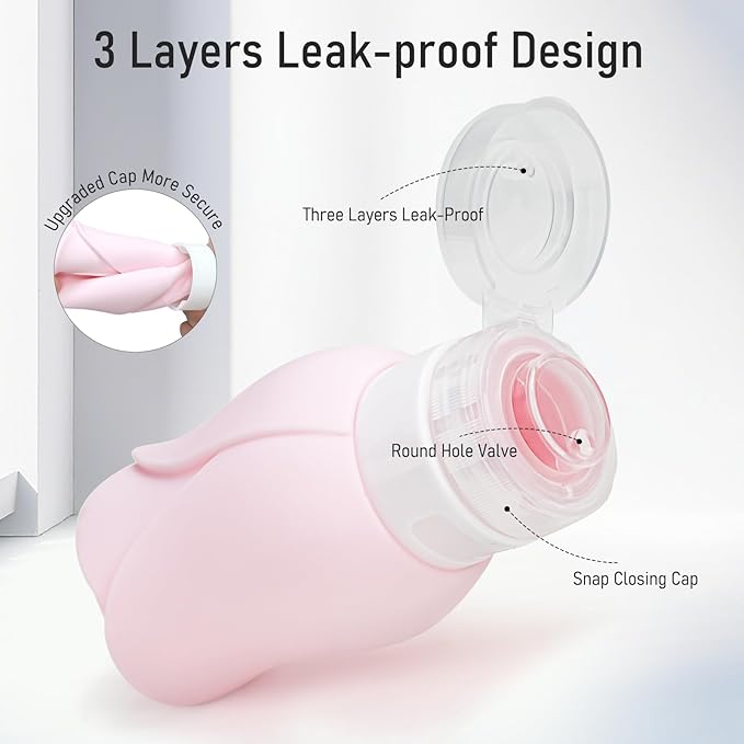 Travel Containers Bottle for Toiletry 4 Pack 3oz Leakproof TSA Approved & Refillable Mini Cream Jars, Silicone Squeeze Tube Rose Bottles for Shampoo Lotion Body Wash BPA Free +Bag, Red Pink Rose