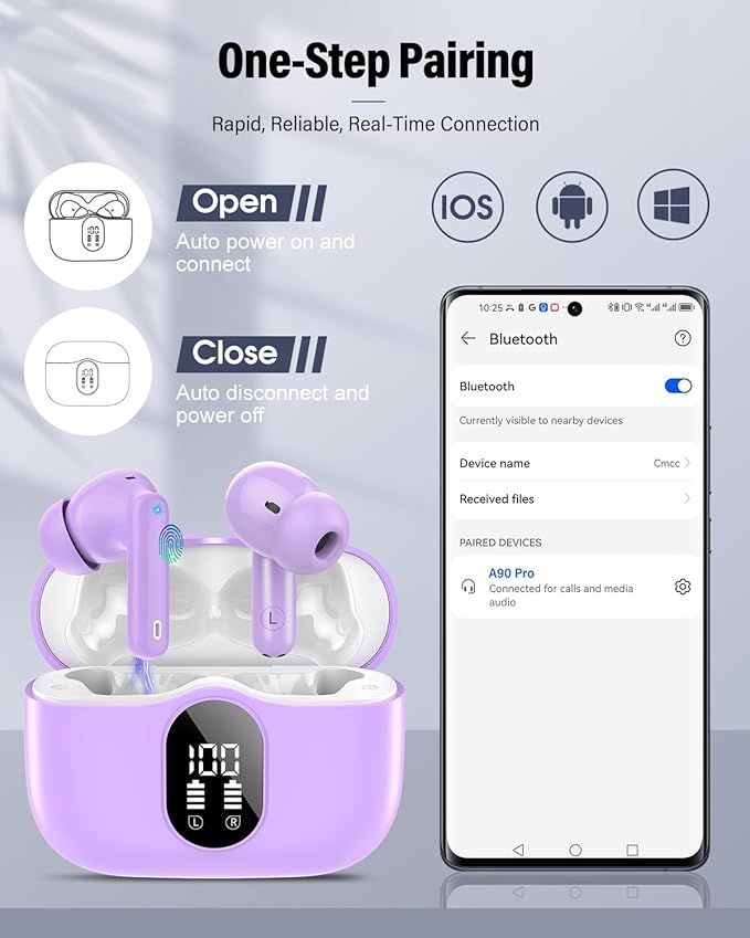 Wireless Earbuds, Bluetooth 5.4 Headphones Bass Stereo, Ear Buds with Noise Cancelling Mic, LED Display in Ear Earphones Clear Calls, IP7 Waterproof Bluetooth Earbuds for Laptop/Phones/Sports, Purple