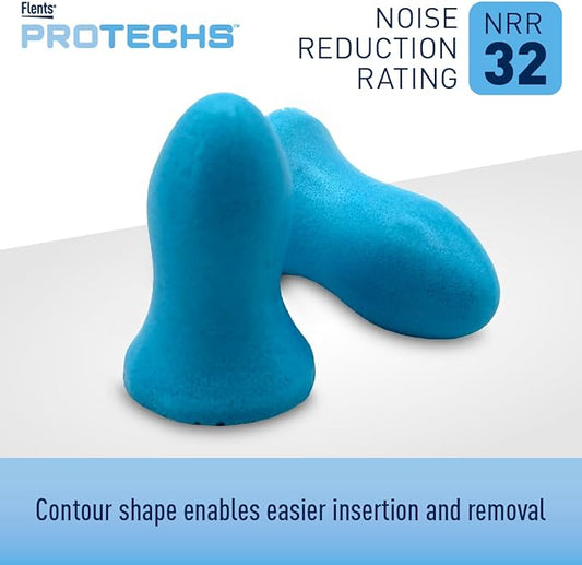 Flents Protechs Contoured for Comfort Foam Ear Plugs, Soft & Comfortable Hearing Protection for Work, Construction, Heavy Machinery, Studying, Travel & Sleep, NRR 32, Easy to Use, Blue, 10 Pairs