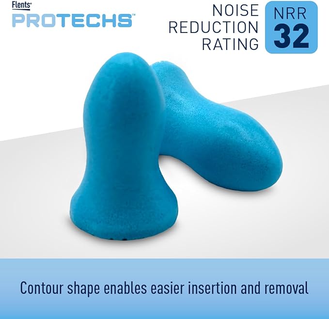 Flents Protechs Contoured for Comfort Foam Ear Plugs, Soft & Comfortable Hearing Protection for Work, Construction, Heavy Machinery, Studying, Travel & Sleep, NRR 32, Easy to Use, Blue, 50 Pairs
