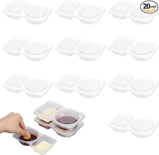20 Sets Reusable Snack Containers With Lids, 2 Compartment Snack Pack Containers With Lids, Portable Plastic Food Container, Airplane Condiment Snack And Dip Container For Lunches Salad Outdoor