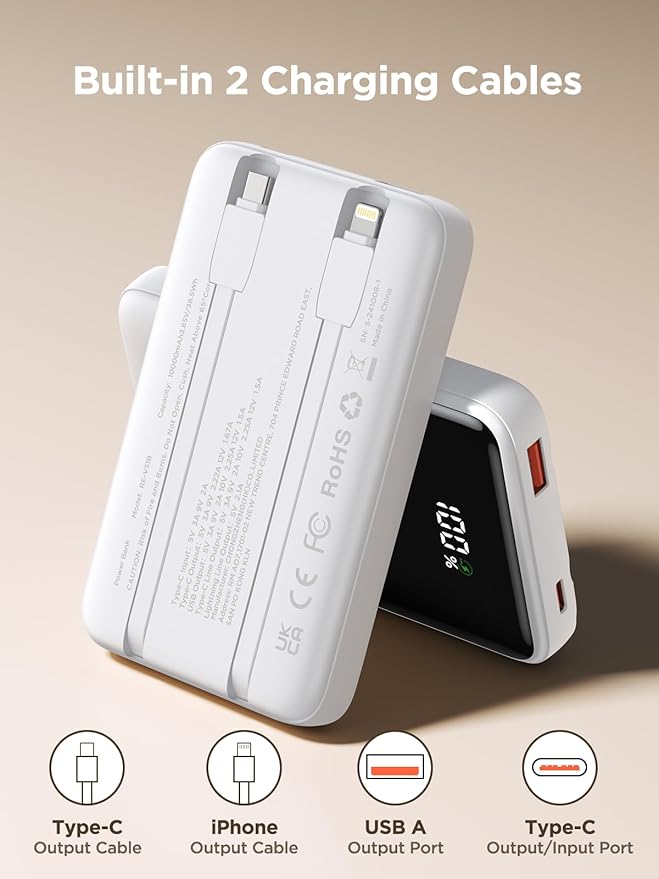 Aioneus Portable Charger, 10000mAh Power Bank 22.5W Fast Charging Portable Charger with Built in Cable Battery Pack USB C Travel Charger for iPhone11 12 13 14 15 16 Samsung GalaxyS24 S23 Android(1 Pk)