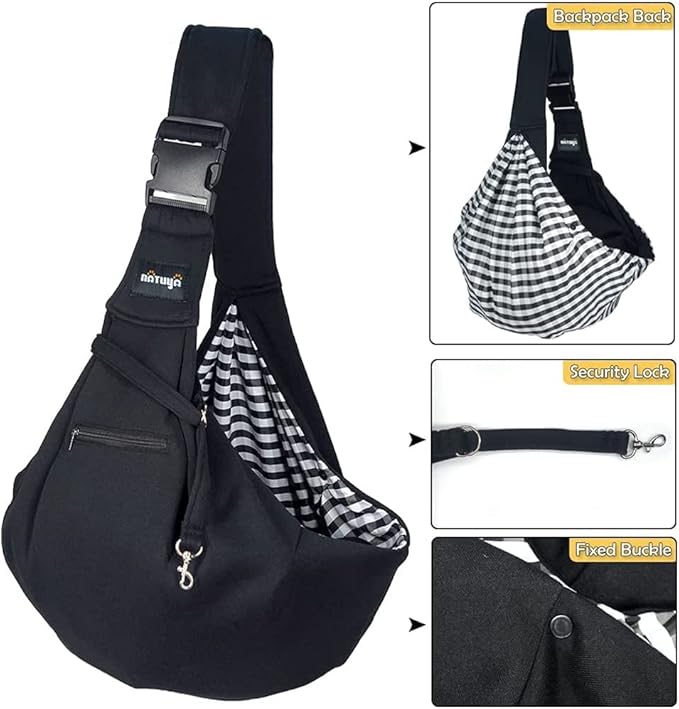 NATUYA Small Dog Carrier Sling Cat Sling,Adjustable Strap Hand Free Pet Puppy for Outdoor Traveling Subway (Black, Snap)