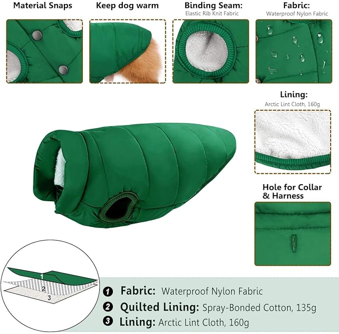 ASENKU Dog Winter Coat - Waterproof Windproof Dog Jacket, Warm Snowproof Doggie Puffer Vest for Cold Weather, Lightweight Snow Coats for Small Medium Large Dogs (XS, Green)