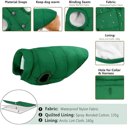 ASENKU Dog Winter Coat - Waterproof Windproof Dog Jacket, Warm Snowproof Doggie Puffer Vest for Cold Weather, Lightweight Snow Coats for Small Medium Large Dogs (XL, Green)