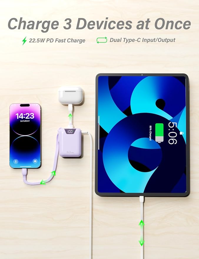 Mini Portable Charger, 10000mAh Ultra-Compact Power Bank, 22.5W PD Fast Charging, Tpye-C Built-in Cable, Small Size External Battery Pack for iPhone, Samsung, Android iPad (Purple)