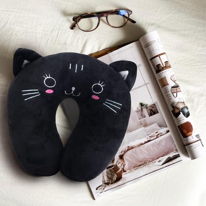 EKDJKK Travel Pillow for Kids, Cute Animal Neck Pillow Support U Shaped Cushion Plush Soft Rest Reading Pillow Sleeping Pillow for Airplane Train Car (Black Cat)