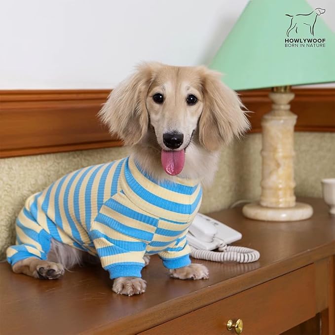 Dachshund Dog Shirt, Thin Striped Base Layer Onesie for Wiener Dogs, Lightweight All-Season Wear, Soft & Comfy Fit for Doxie and Short-Leg Breeds (Pink&Grey, Size 4 (21-26lbs))