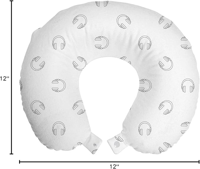 Ambesonne Music Travel Pillow Neck Rest, Headphones Illustration Modern Audio Melody Earphones Sound Stereo Theme Drawing, Memory Foam Traveling Accessory for Airplane and Car, 12", Grey White