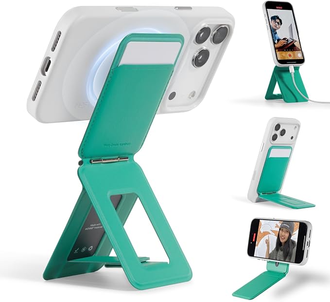 MOFT Phone Tripod Wallet for iPhone, Mulit-Angles, Lightweight & Portable Phone Stand, MOVAS Vegan Leather Magnetic Wallet, Strong Magnets, NFC Card Holder,Travel Essential, Oz Green (with Card Slot)