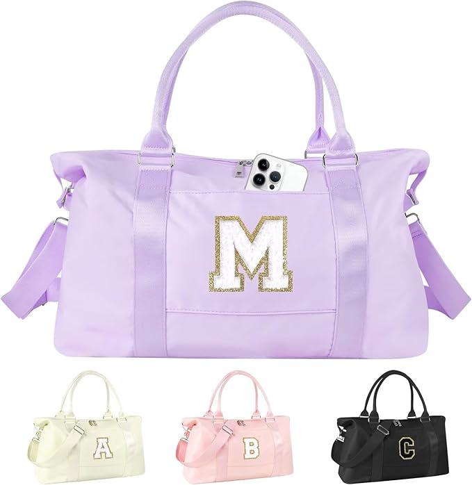 Dance Gym Duffel Bag for Teen Girls, Personalized Initial Travel Weekender Bag,Cute Overnight Carry On Duffle for Women,Sports Travel Cheer Bag,Monogram Christmas Gifts for Tween Preppy(purple-M)