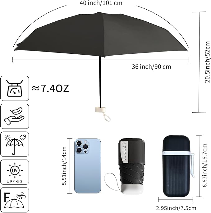 Compact Mini Windproof Travel Umbrella-UPF 50+ Sun & Rain Protection, Small Folding Design Fits in Pocket or Purse, Lightweight Portable with Case for Women, Men & Kids