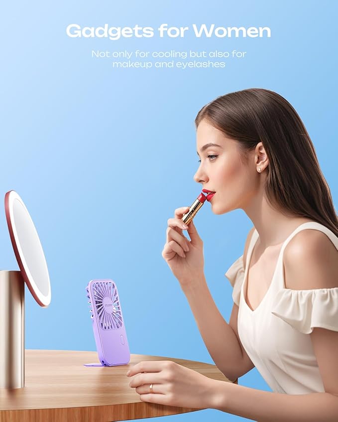 Otlonpe Rechargeable Mini Portable Handheld Fan, Small Personal Battery Powered Handheld Portable Fans for Hand Held Desktop Travel, Foldable Stand, Slim Cordless, Wrist Strap, 3-Speed (Purple)