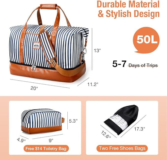 Lekebobor Weekender Bag for Women, Large Holdall Travel Duffle / Overnight Bag with Shoes Compartment & Toiletry Bag, 50L (Blue Striped)