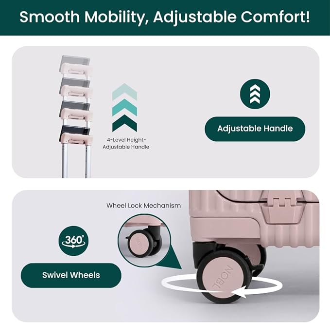 Nobl Travel Carry On Luggage, Noble Zipperless Aluminum Frame PC Hard Shell Suitcase, 20.8"x15"x8.7" Airline Approved, 360° Spinner Wheels, TSA Locks, USB Charging Port, Cup & Phone Holder - Blush