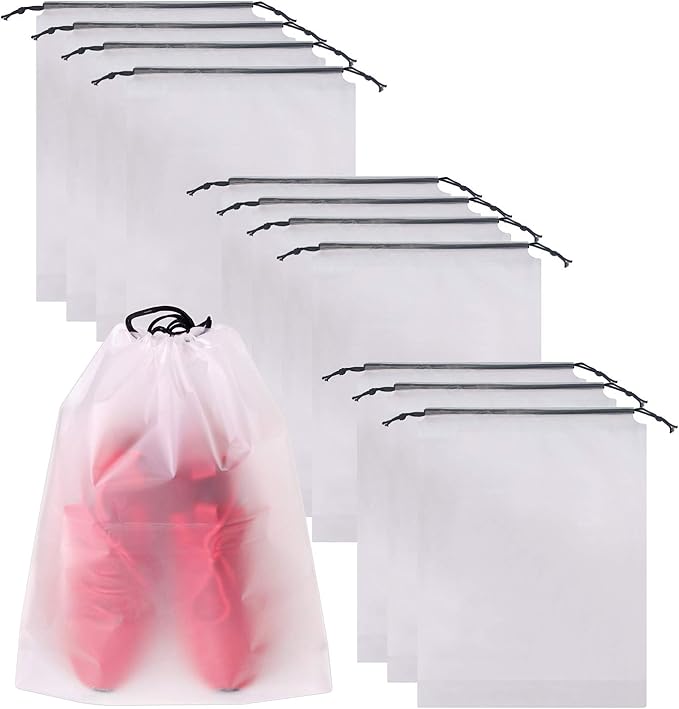Set of 12 Portable Translucent Shoe Bags for Travel Large Clear Shoes Pouch Storage Organizer with Drawstring for Men and Women