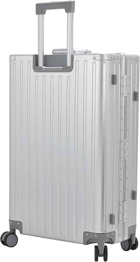 28-inch Aluminum Checked Suitcase: Silver - Full Metal Shell - Crush-Resistant & Burst-Proof, TSA Lock & Spinner Wheels for Business Travel - Men Women