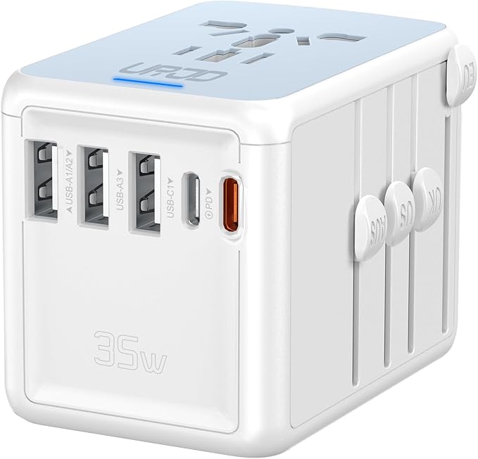 35W PD Universal Travel Adapter with 5 USB Ports and 2500W AC Outlets, PD Fast Charging International Plug Converter Travel Charger Multi Plugs All in One for EU US UK AUS 200+ Countries