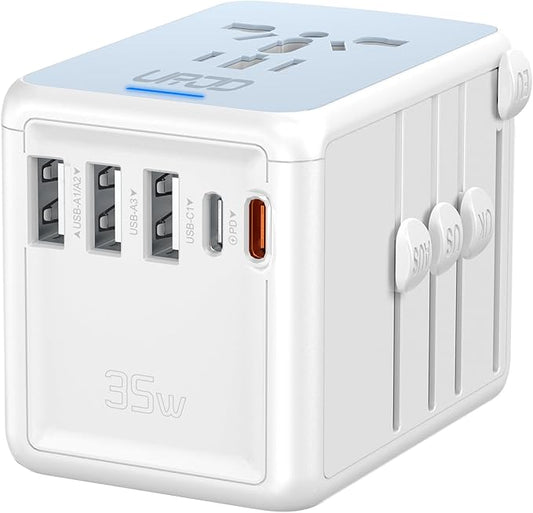35W PD Universal Travel Adapter with 5 USB Ports and 2500W AC Outlets, PD Fast Charging International Plug Converter Travel Charger Multi Plugs All in One for EU US UK AUS 200+ Countries