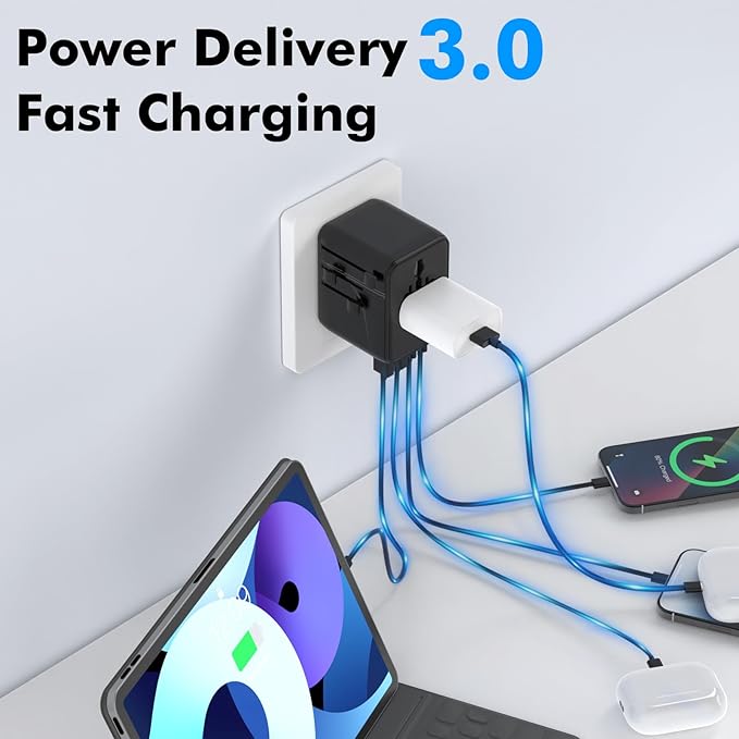 7 in 1 Travel Adapter Worldwide w/GaN 45W, 2 USB-A (15W), 3 USB-C (45W), 2 AC Outlets, Safety Certified International Plug Adapter for Universal Laptop, Phone, Camera for US, EU, UK, AU