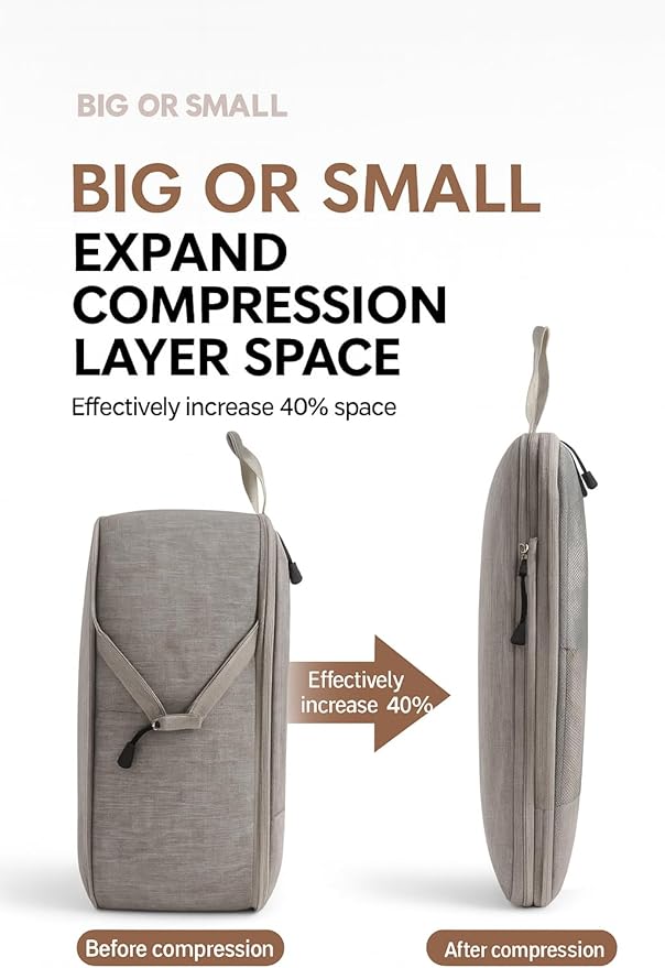 6-Pack Compression Packing Cubes for Travel – Lightweight, Expandable Luggage Organizers with Dual-Use Drawstring Bag – Stackable, Odorless, Durable – Fits Clothes, Shoes, Toiletries (Brown)