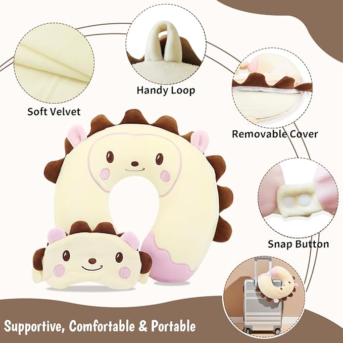 Sexysamba Travel Pillow for Kids Adults with Sleep Eye Mask Cute Cartoon U Shaped Memory Foam Neck Pillows for Travel Head Rest & Neck Support for Airplane, Car, Office Sleeping, Cream Hedgehog