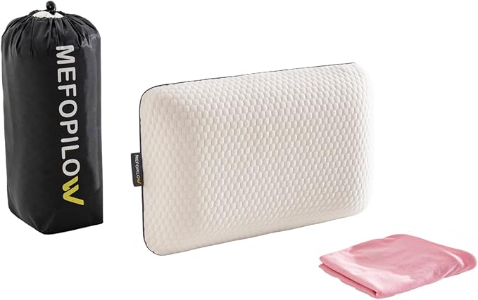 Memory Foam Travel Pillow with Washable Cover & Carry Bag – Compact, Soft & Breathable Neck Pillow for Airplane, Camping & Car (White- with Extra Pink Cotton Cover, 15.7x9.8x3.9 inches)