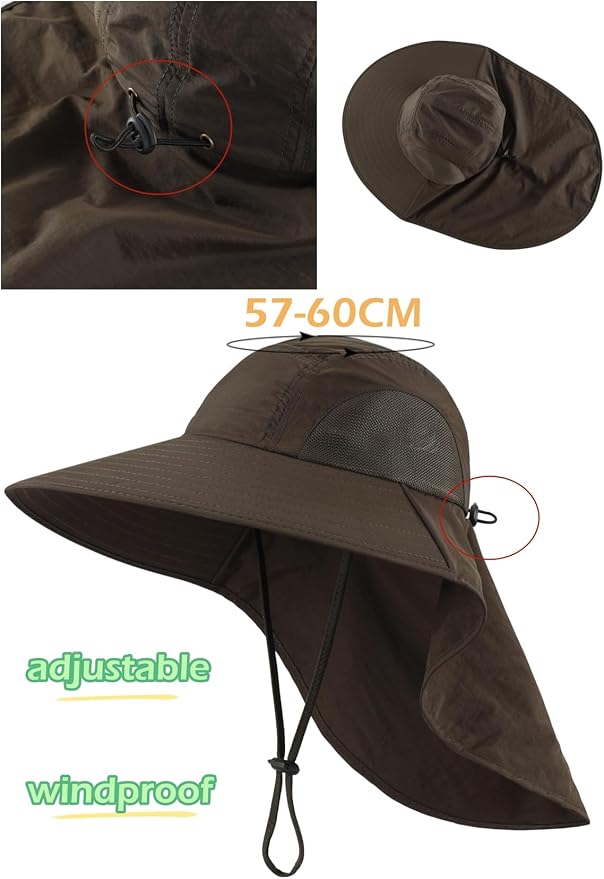 LLmoway Wide Brim Sun Hat with Neck Flap for Men Women Summer Outdoor UV Protection Breathable Fishing Hats with Strap