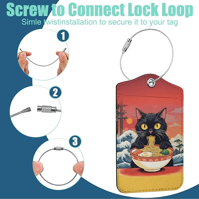 Funny Japanese Ramen Cat Luggage Tag, Suitcase Tags with Privacy Flap and Metal Loop, Luggage Tags for Suitcases, Identifiers Travel Essentials Bag Tag, Cat Lovers Gifts for Women Girls Friends
