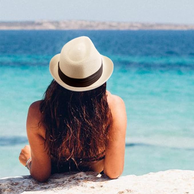 DRESHOW Women Straw Panama Hat Travel Fedora Beach Sun Hat Summer Wide Brim Straw Roll up Hat UPF 50+