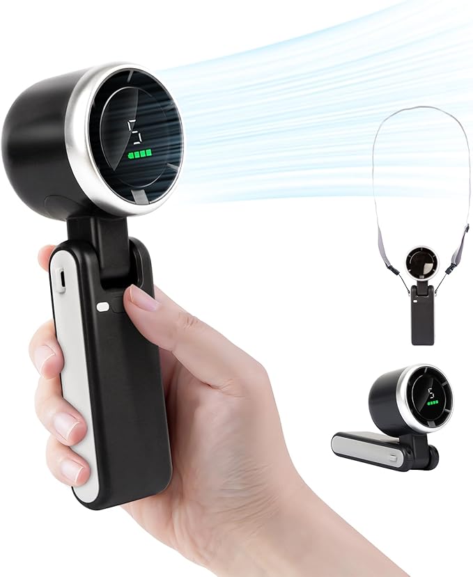 Handheld Turbo Fan, 3600mAh Battery Operated Fan with LED Display, Mini Portable Fans, 180°Adjustable, 5 Speeds, Handheld/Neck/Desk 3 in 1 Personal Hand Fans for Indoor Outdoor black