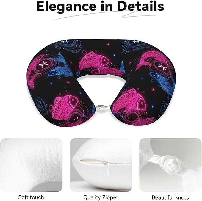 Neck Travel Pillow, Women Men Washable Airplane Car Pillows Neon Fish Zodiac Pisces, Head Support Rest U Shaped Cushion Comfortable for Watching TV