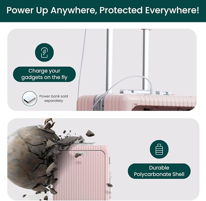 Nobl Travel Carry On Luggage, Noble Zipperless Aluminum Frame PC Hard Shell Suitcase, 22.5x15x9.5 Airline Approved, 360° Spinner Wheels, TSA Locks, USB Charging Port, Cup & Phone Holder - Pink