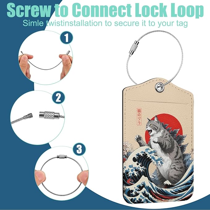 Funny Japanese Cat Luggage Tag, Suitcase Tags with Privacy Flap and Metal Loop, Luggage Tags for Suitcases, Identifiers Travel Essentials Bag Tag, Cat Lovers Gifts for Women Girls Friends