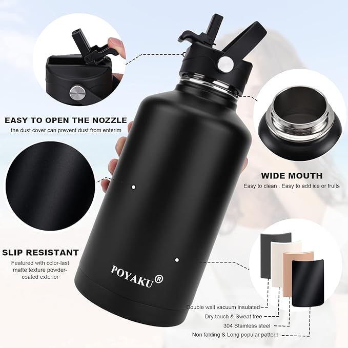 Water Bottle Insulated 32oz 40oz 64oz 128oz Straw Lid Spout Lid & 3 Lids, Leak Proof, Vacuum Insulated,Stainless Steel Water Bottle Wide Mouth for Sports, Gym or Office