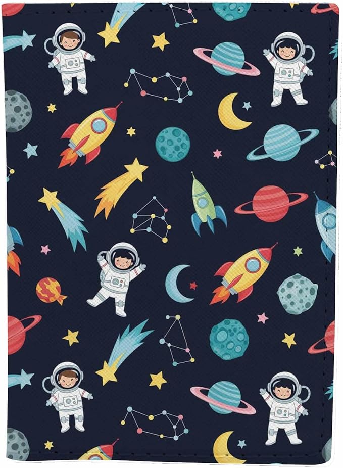 Space Passport Holder for Travel Astronaut Spaceship Rocket Moon Star Planet PU Leather Passport Cover Wallet Cute Passport Card Holder for Women and Men