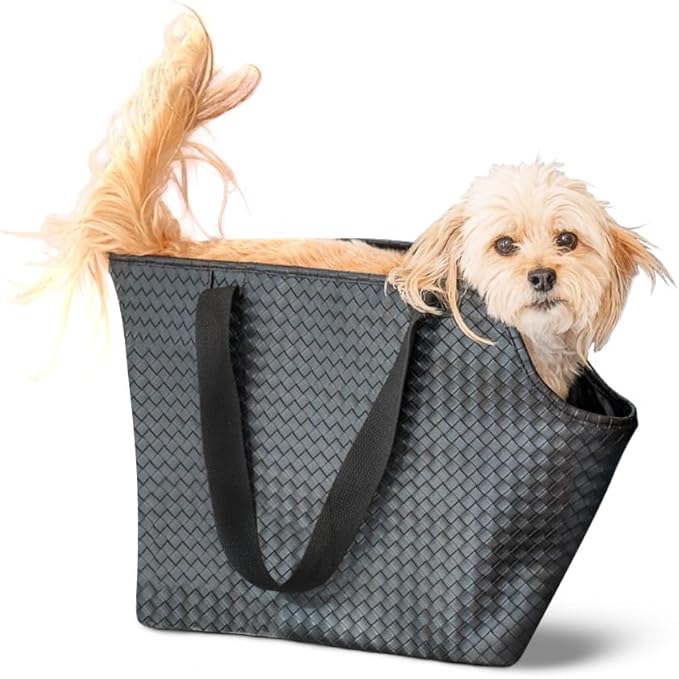 Faux Leather Dog Carrier for Small Dogs, Water-Resistant Designer Dog Purse with Safety Harness, Fashion Pet Carrier for Dogs 5-15 lbs, Luxury Dog Shoulder Carrier, Woven Black