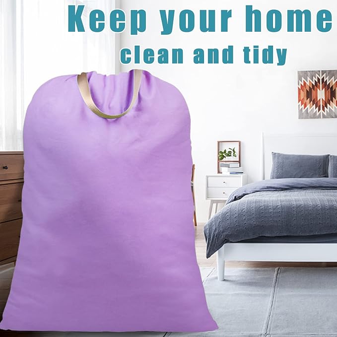 LOLOMLO Extra Large Canvas Laundry Bags with Handles & Drawstring Closure, Heavy Duty Tears Resistant Clothes Storage Travel Bags,25.5"x34",Purple